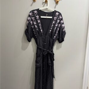 Free People Black and White Wrap Midi Dress with V-Neck